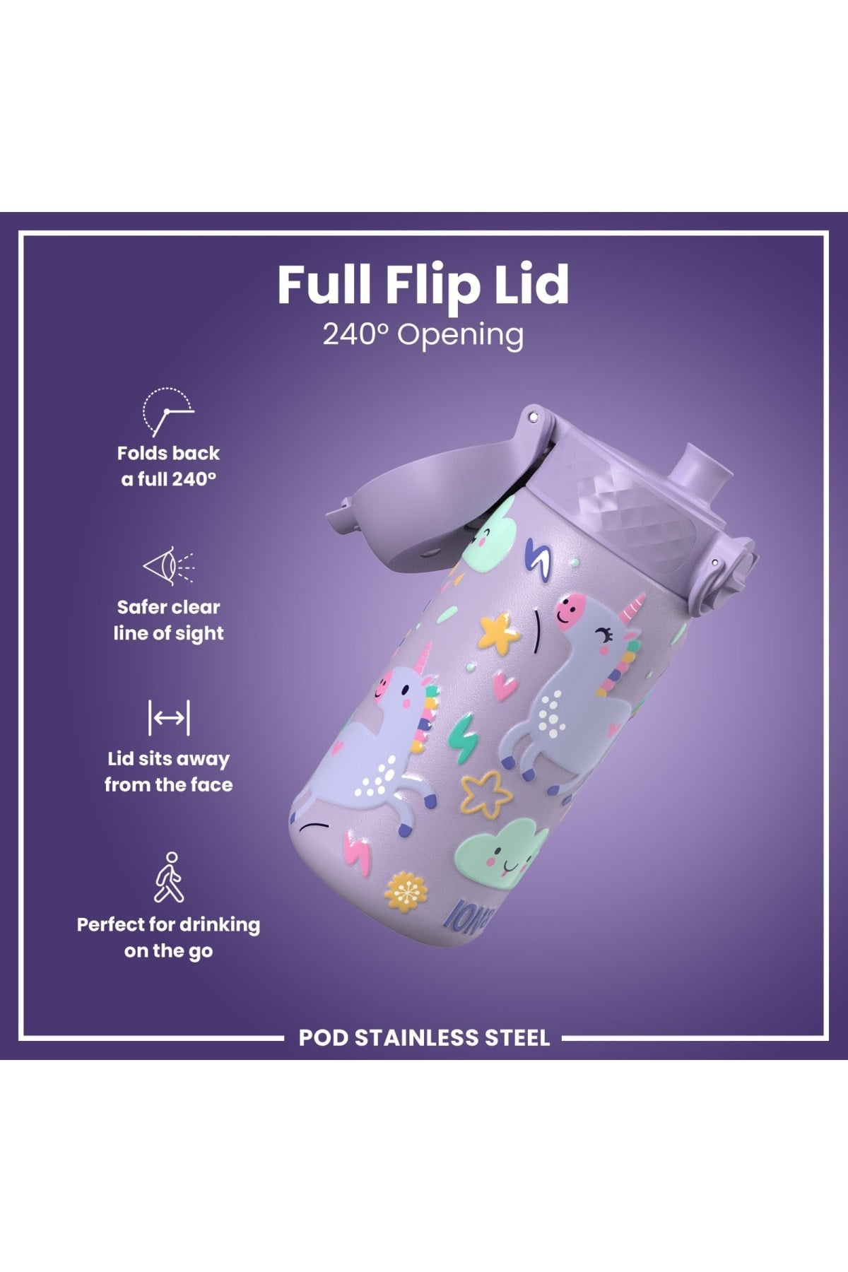 ION8 - Paslanmaz Çelik Çocuk Suluk - Mor Unicorn - 400 ml - Sızdırmaz Çok Renkli