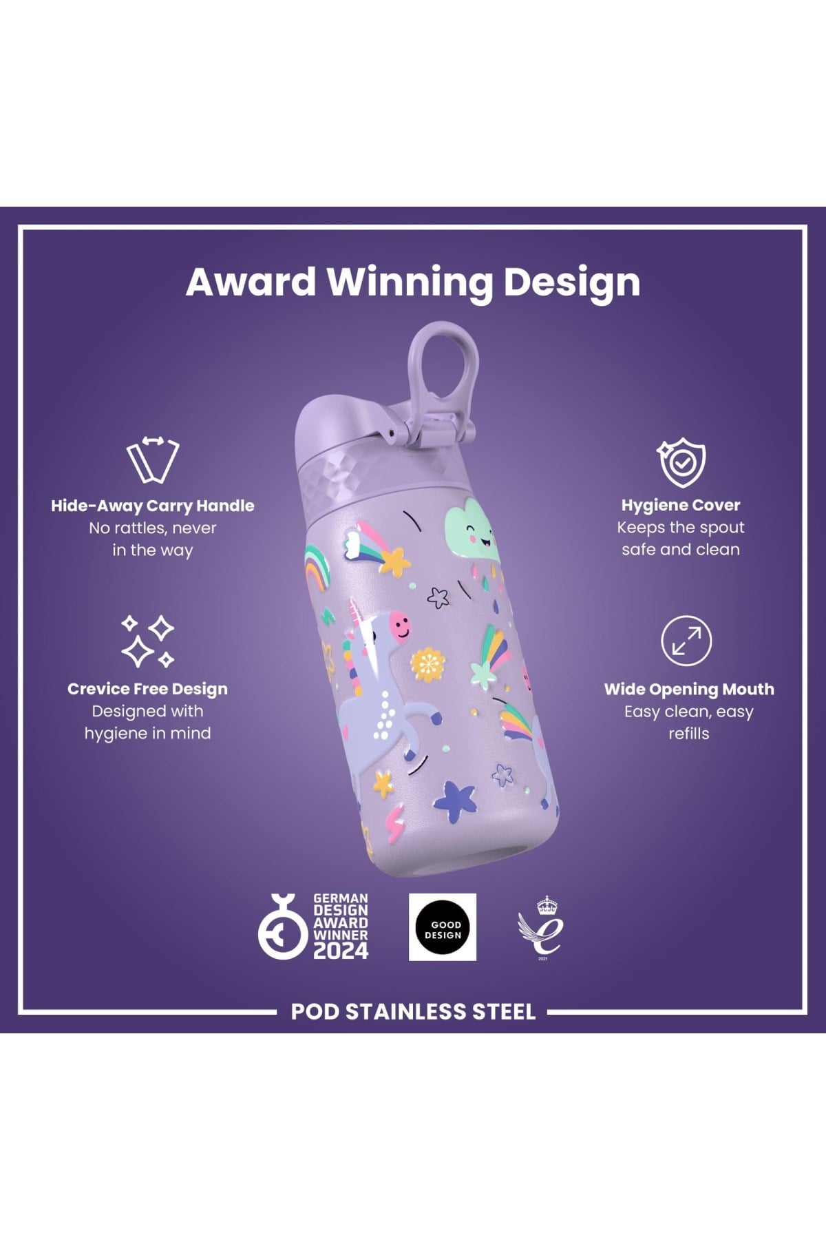 ION8 - Paslanmaz Çelik Çocuk Suluk - Mor Unicorn - 400 ml - Sızdırmaz Çok Renkli