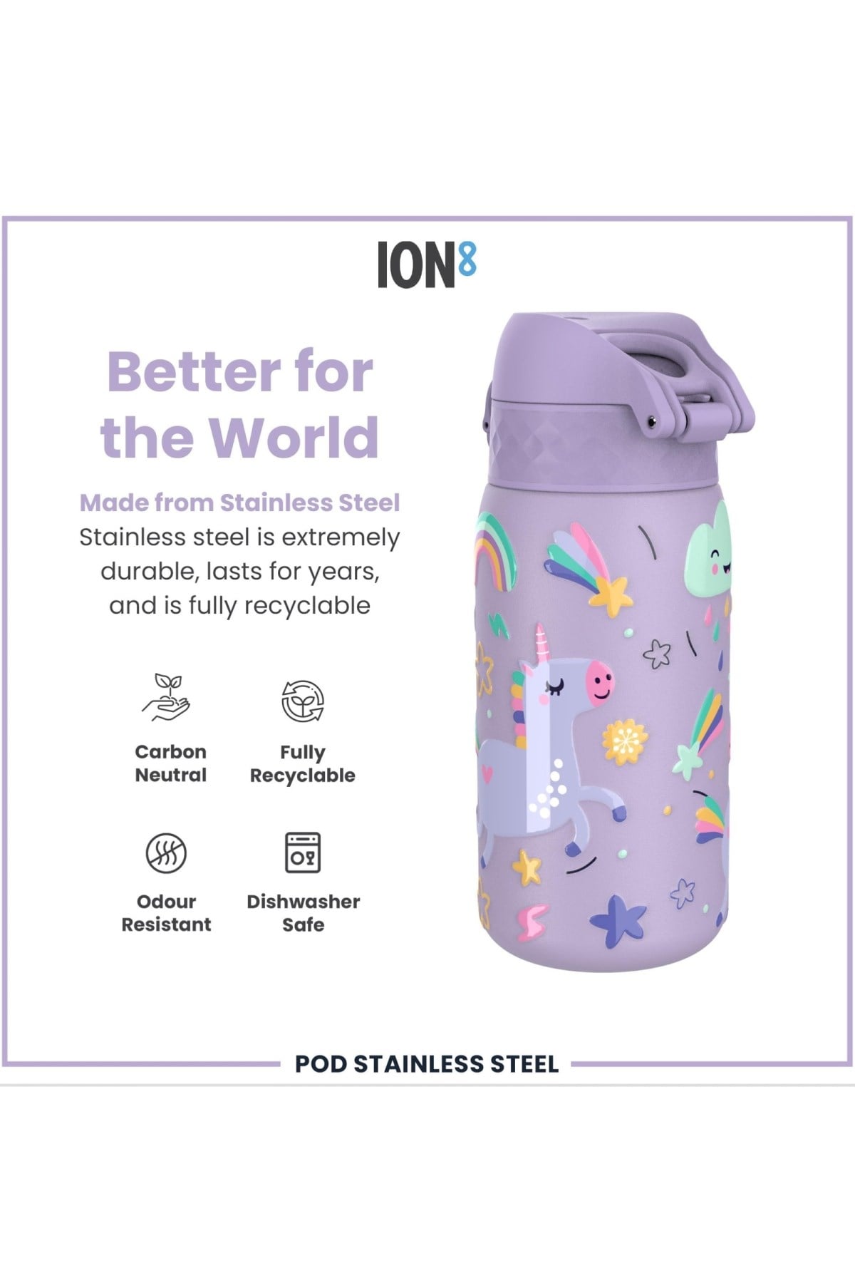 ION8 - Paslanmaz Çelik Çocuk Suluk - Mor Unicorn - 400 ml - Sızdırmaz Çok Renkli
