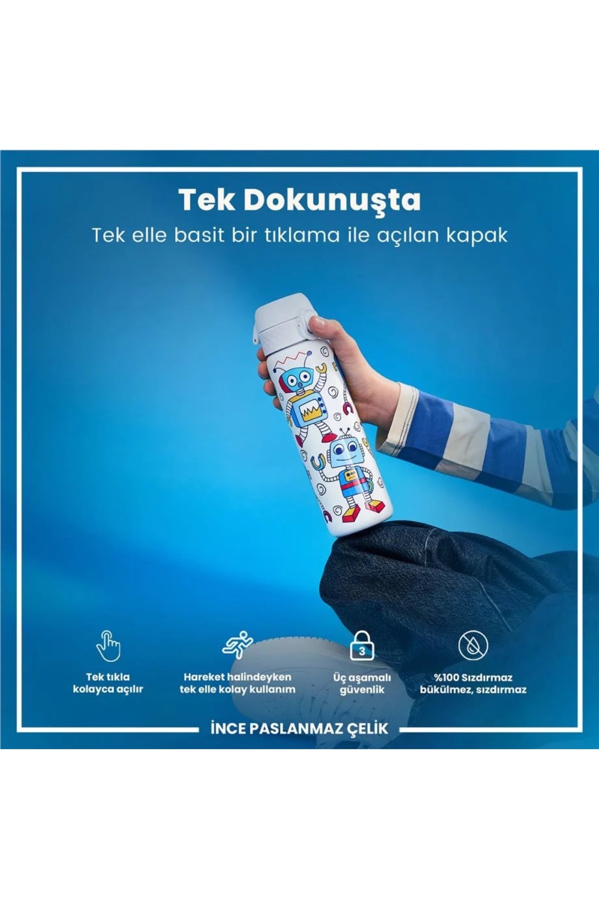 ION8 - Paslanmaz Çelik İnce Suluk - Robotlar - 600 ml - Sızdırmaz Çok Renkli