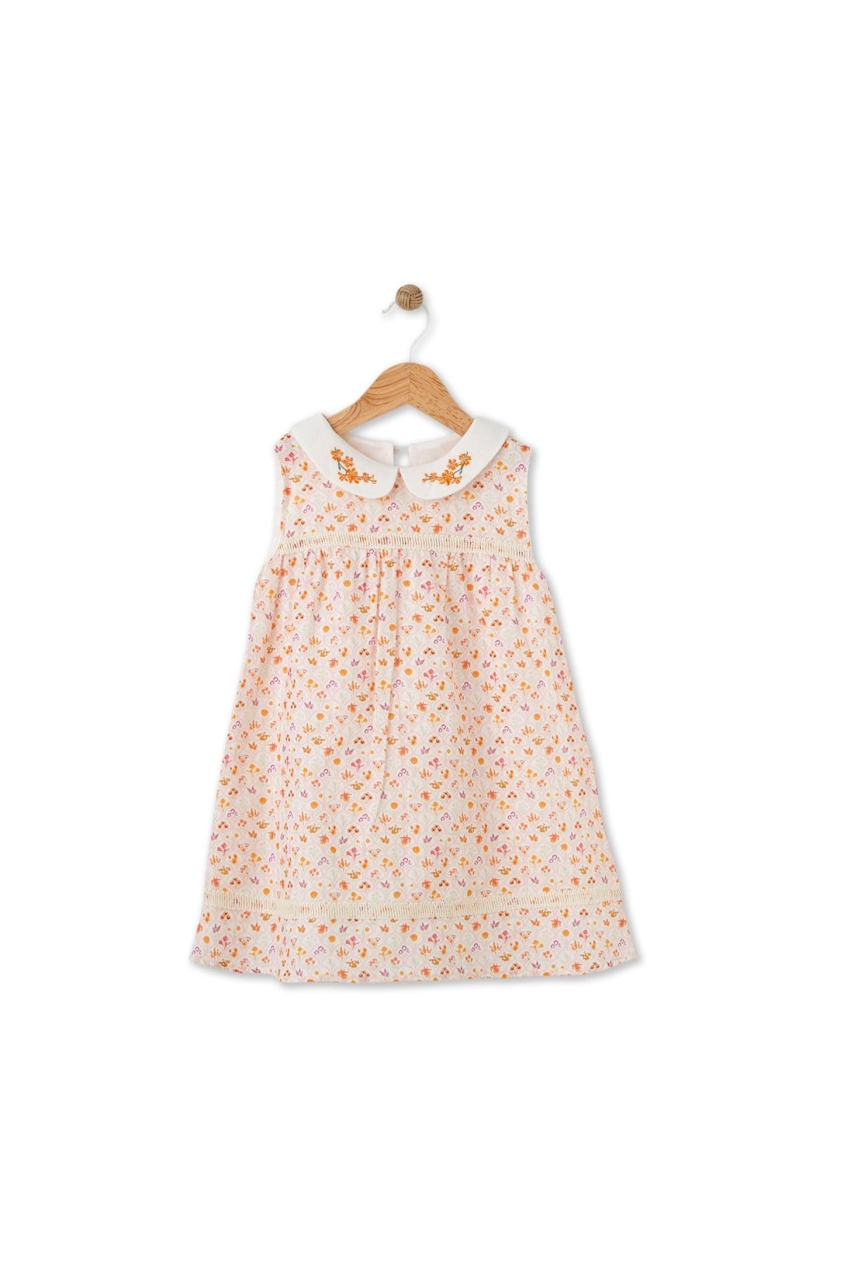 Maya Luca /Bloomy Spring Desenli Motif İşlemeli Turuncu Elbise Çok Renkli
