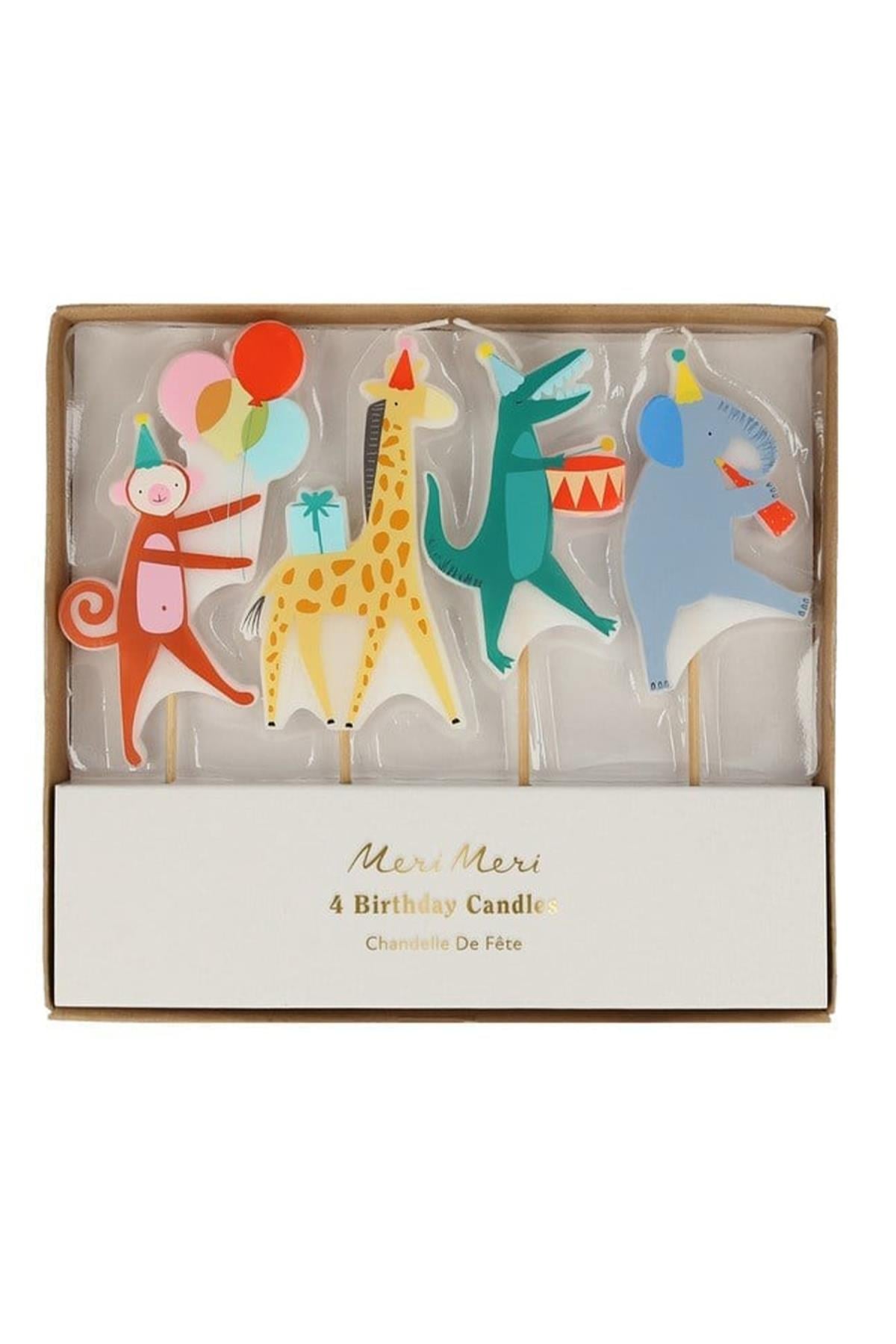 Meri Meri - Animal Parade Candles - Hayvan Geçit Töreni Mumlar - 4'lü Çok Renkli