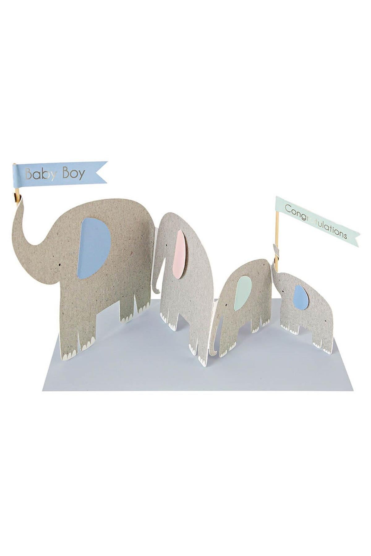 Meri Meri - Baby Boy Elephants Concertina Card - Filler Akordeon Tebrik Kartı Çok Renkli
