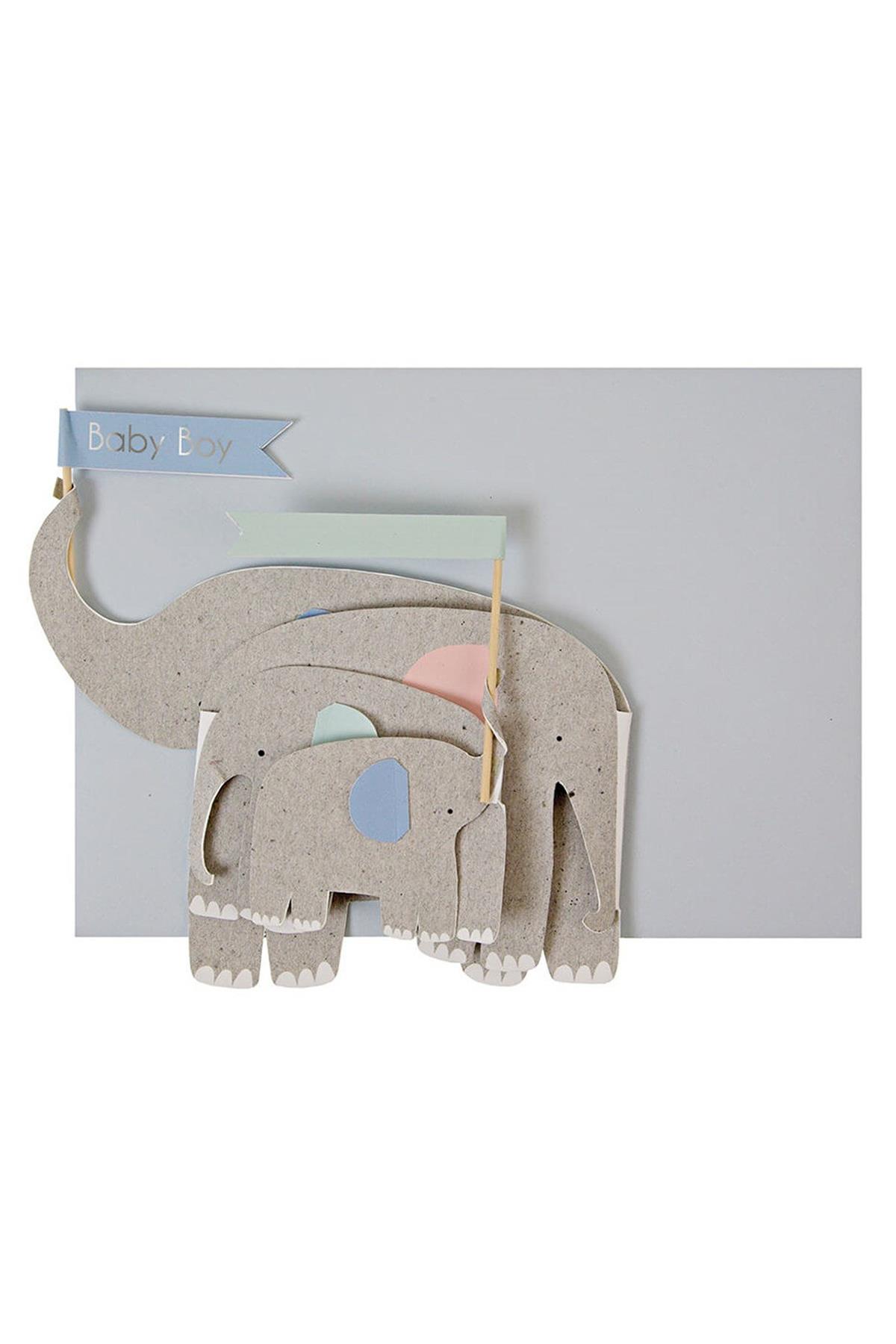Meri Meri - Baby Boy Elephants Concertina Card - Filler Akordeon Tebrik Kartı Çok Renkli