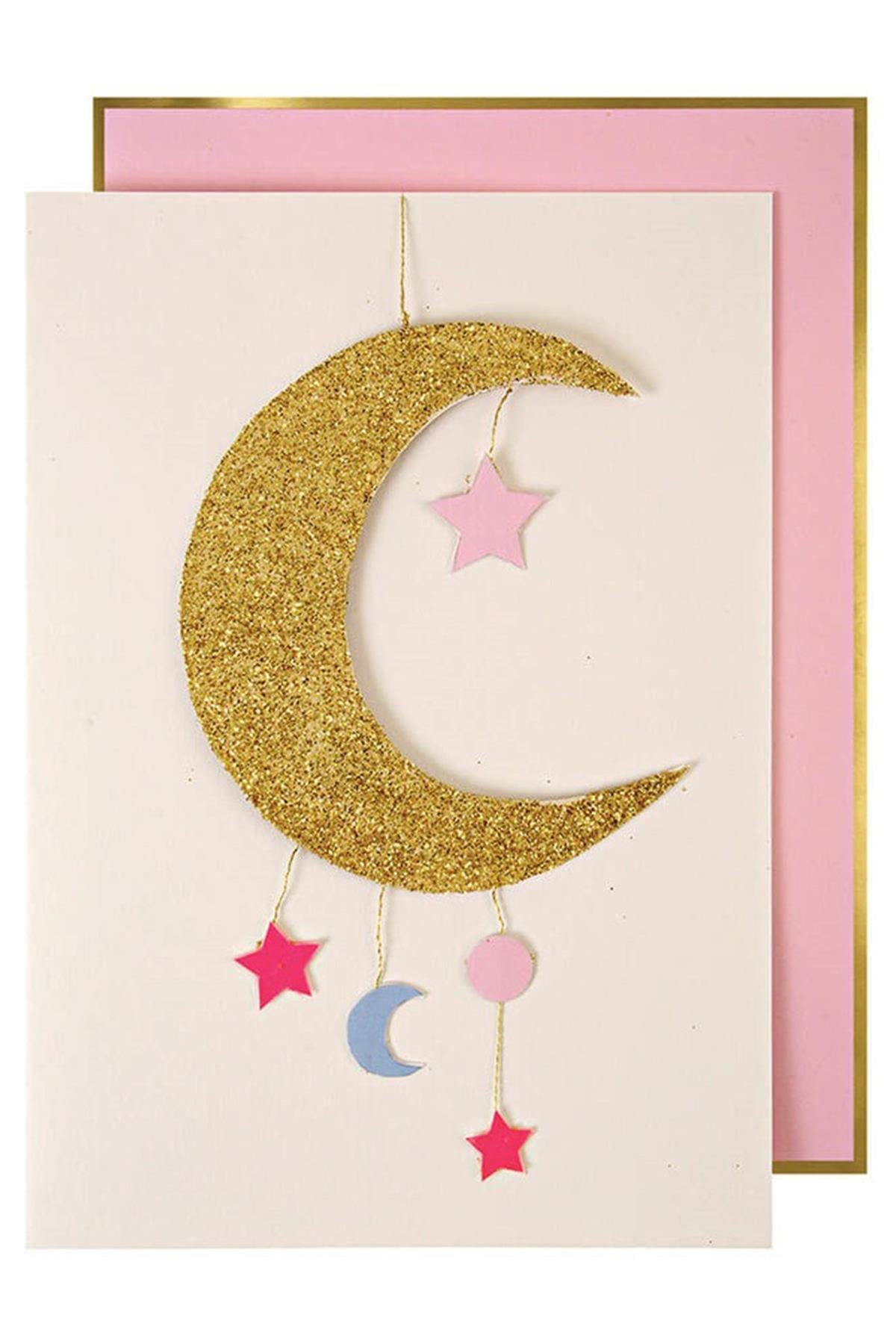 Meri Meri - Baby Moon Mobile Card - Ay & Yıldız Tebrik Kartı - Pembe Çok Renkli