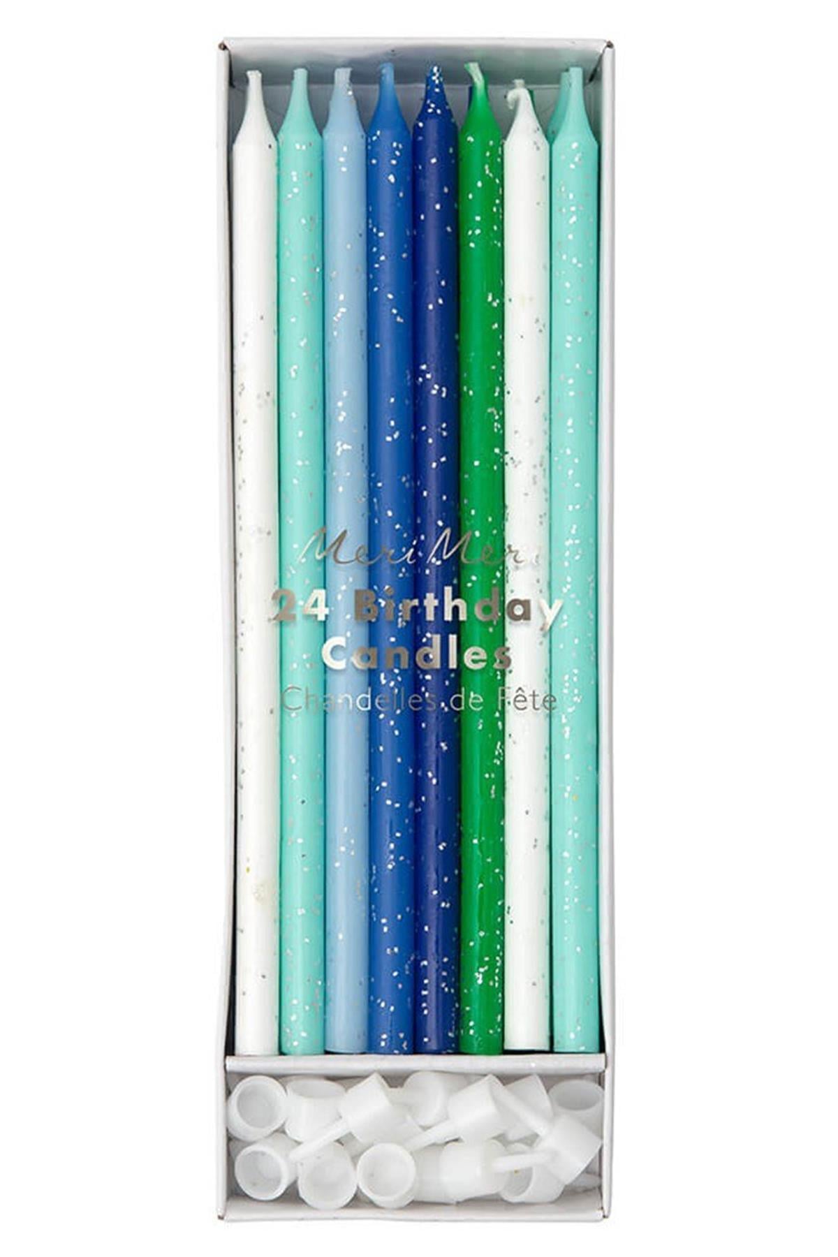 Meri Meri - Blue Glitter Candles - Mavi Simli Mumlar Çok Renkli