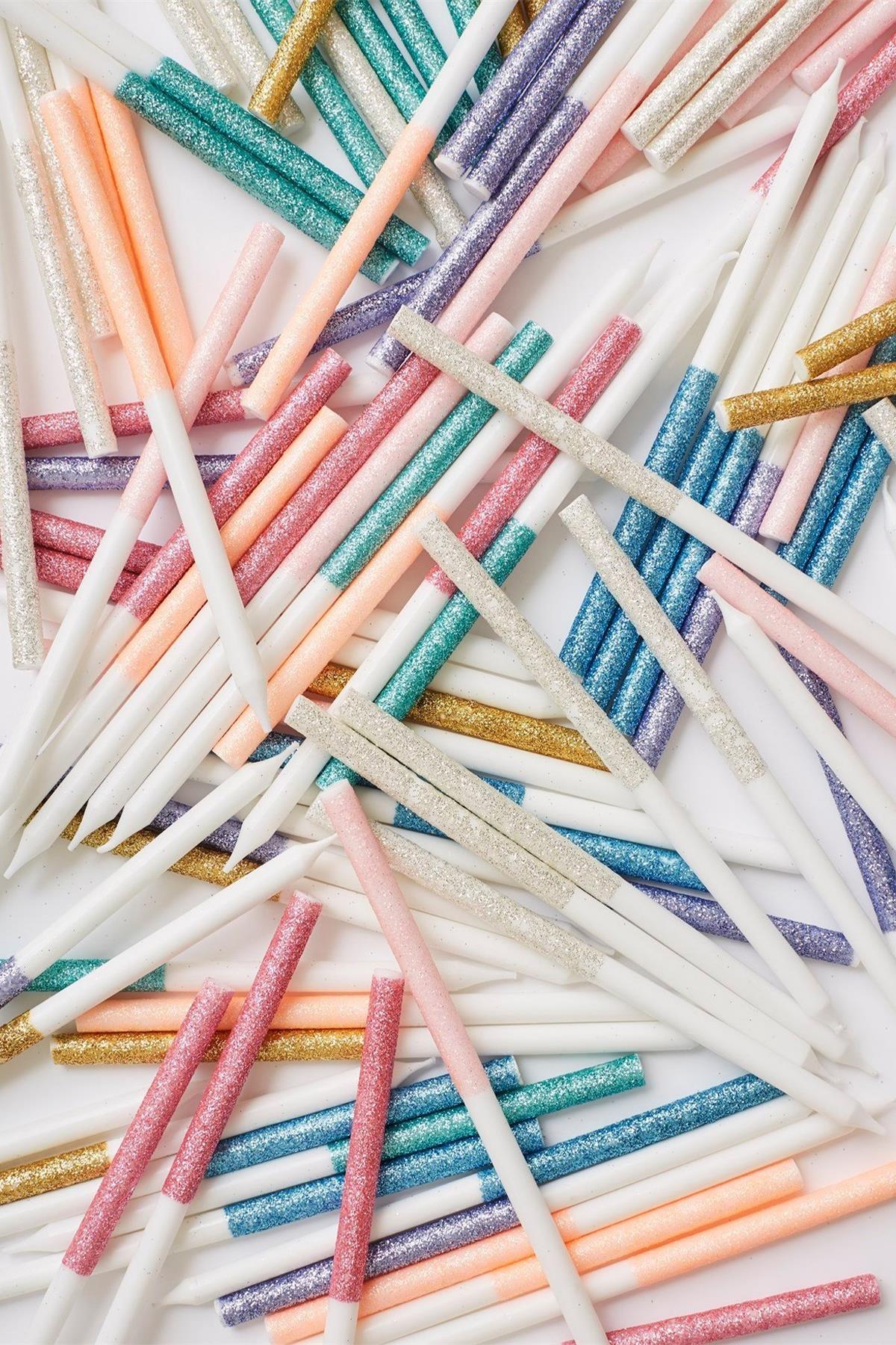 Meri Meri - Blue Glitter Dipped Candles - Mavi Simli Mumlar Çok Renkli