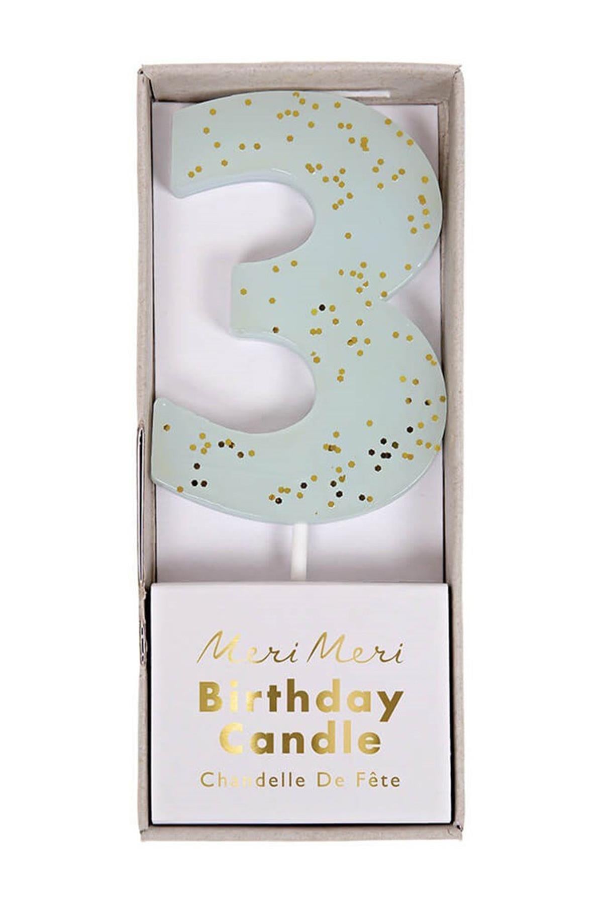 Meri Meri - Blue Number 3 Candle - 3 Numara Mavi Mum Çok Renkli