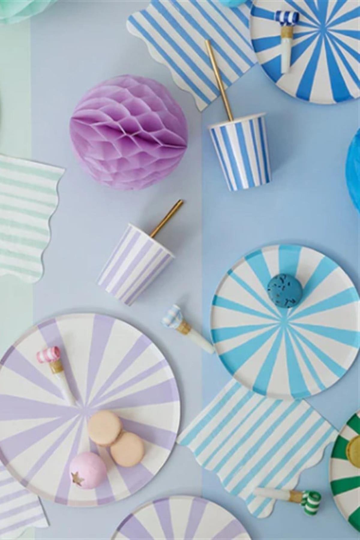 Meri Meri - Blue Stripe Plates - Mavi Çizgili Tabaklar - L - 8li Çok Renkli