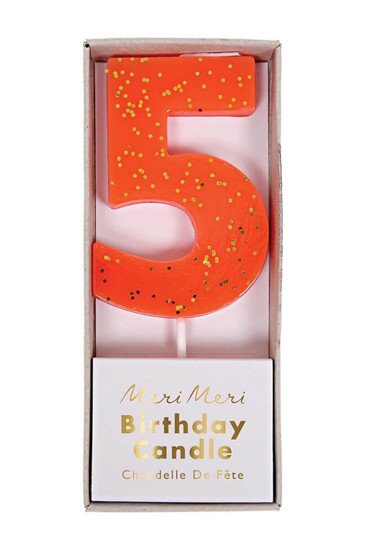 Meri Meri - Coral Number 5 Candle - 5 Numara Mercan Mum Çok Renkli