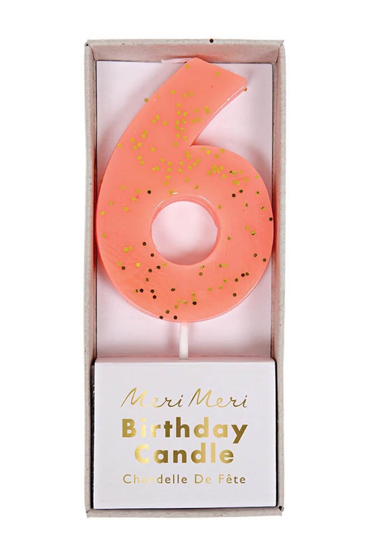 Meri Meri - Coral Number 6 Candle - 6 Numara Mercan Mum Çok Renkli
