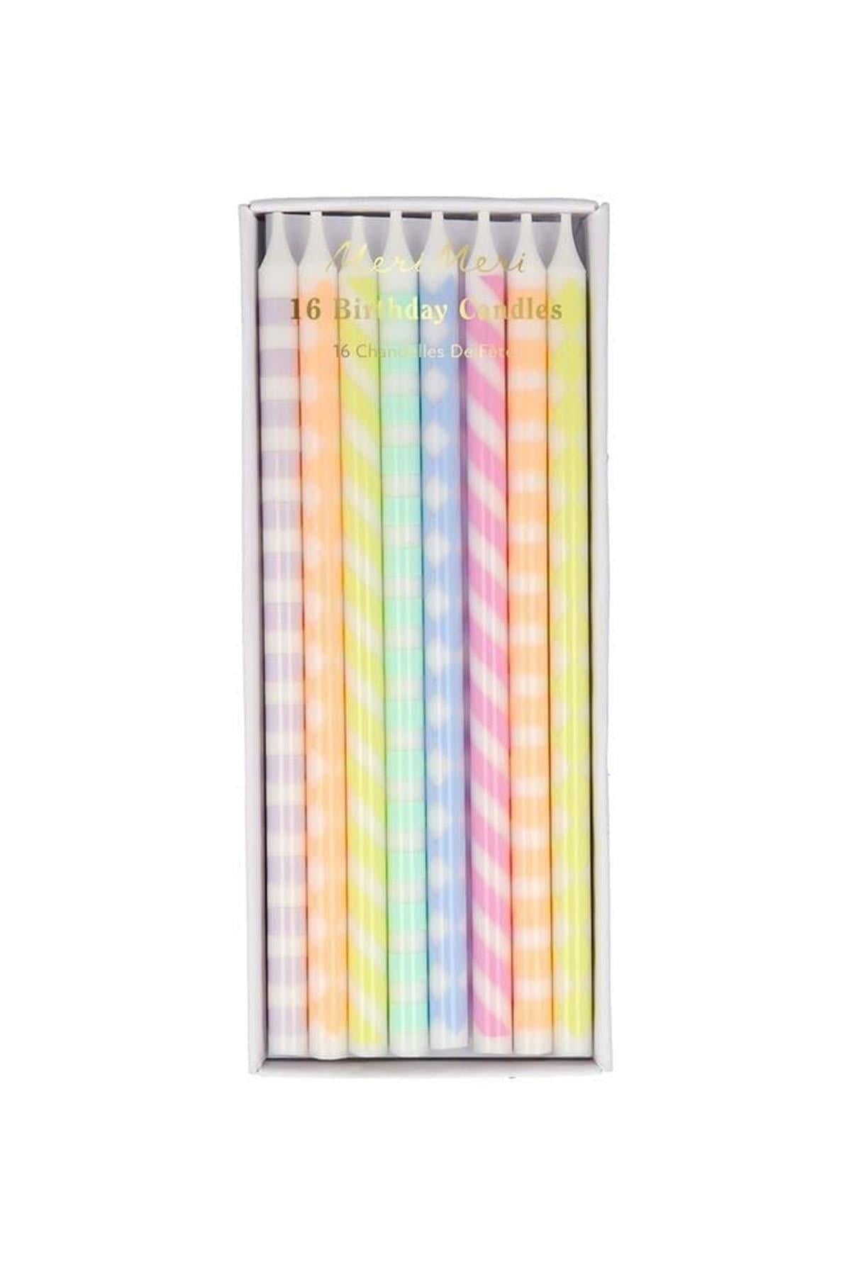 Meri Meri - Desenli Pastel Mumlar - 16 Adet Çok Renkli
