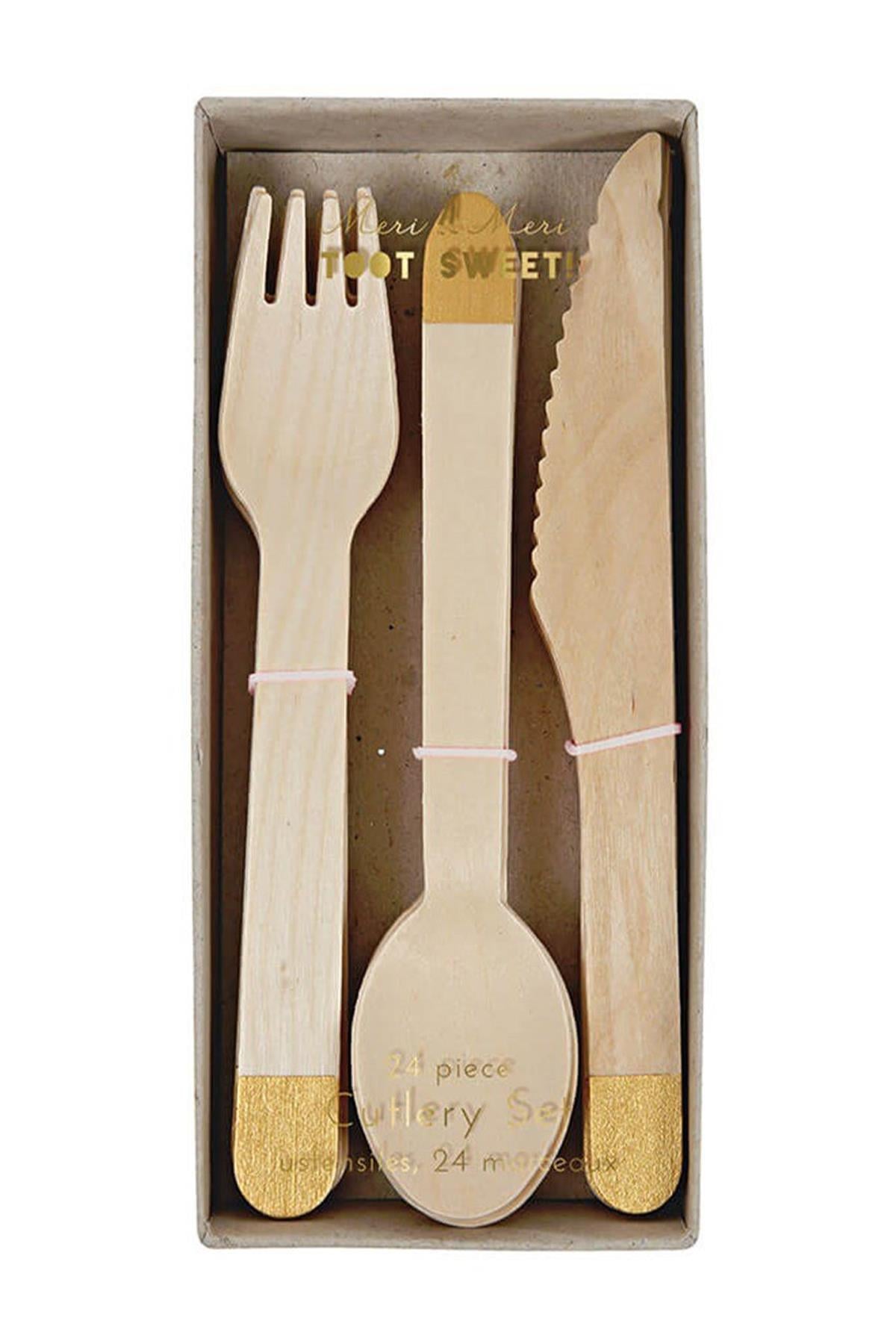 Meri Meri - Gold Wooden Cutlery Set - Altın Rengi Tahta Çatal-Kaşık-Bıçak Set Çok Renkli