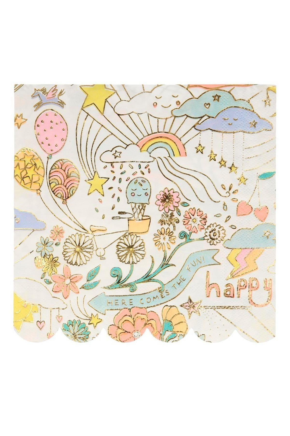 Meri Meri - Happy Doodle Napkins - Renkli Doodle Peçete - L - 16lı Çok Renkli