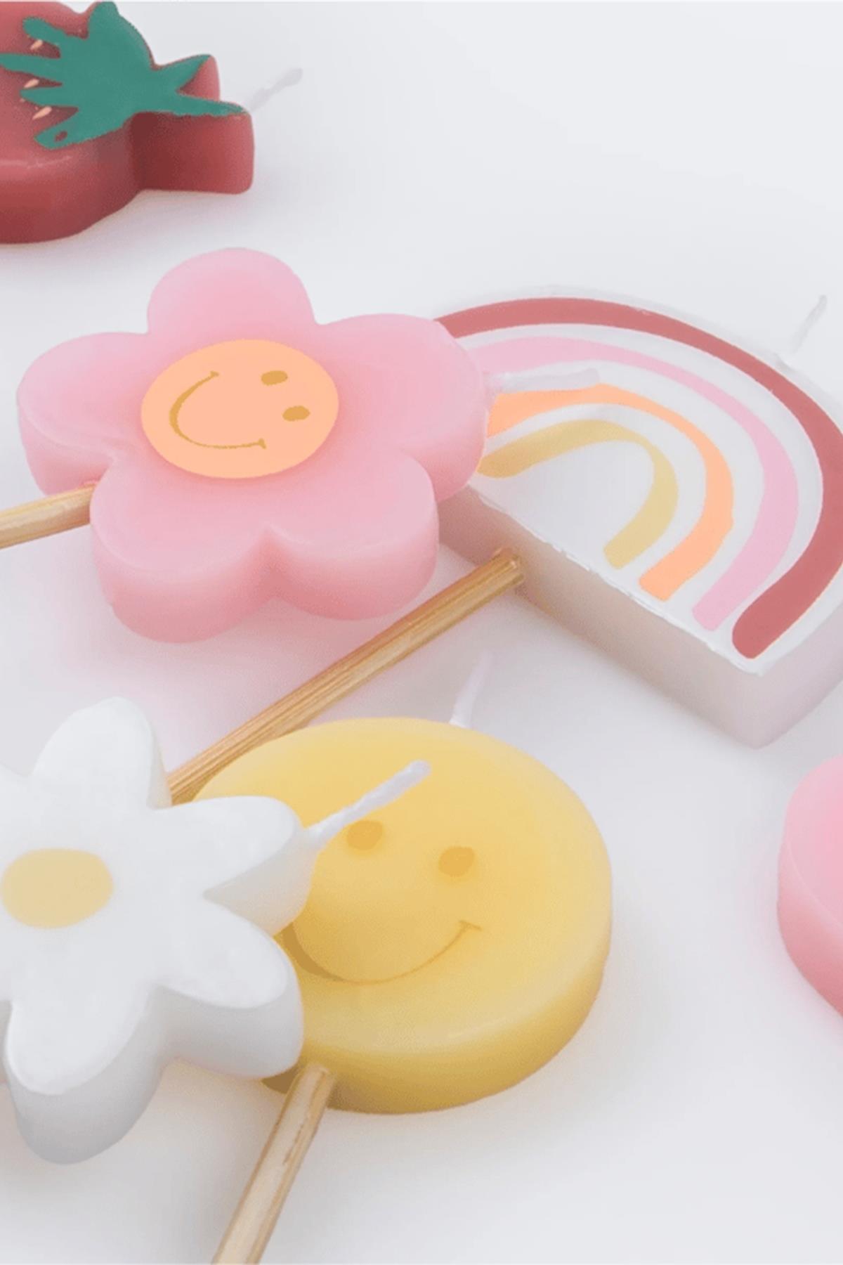 Meri Meri - Happy Face Icons Candles - Mutlu Yüz Semboller Mumlar (x6) Çok Renkli