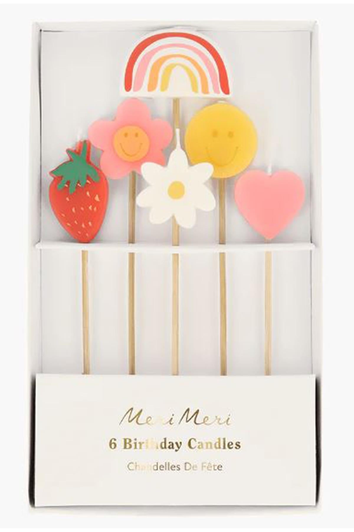 Meri Meri - Happy Face Icons Candles - Mutlu Yüz Semboller Mumlar (x6) Çok Renkli