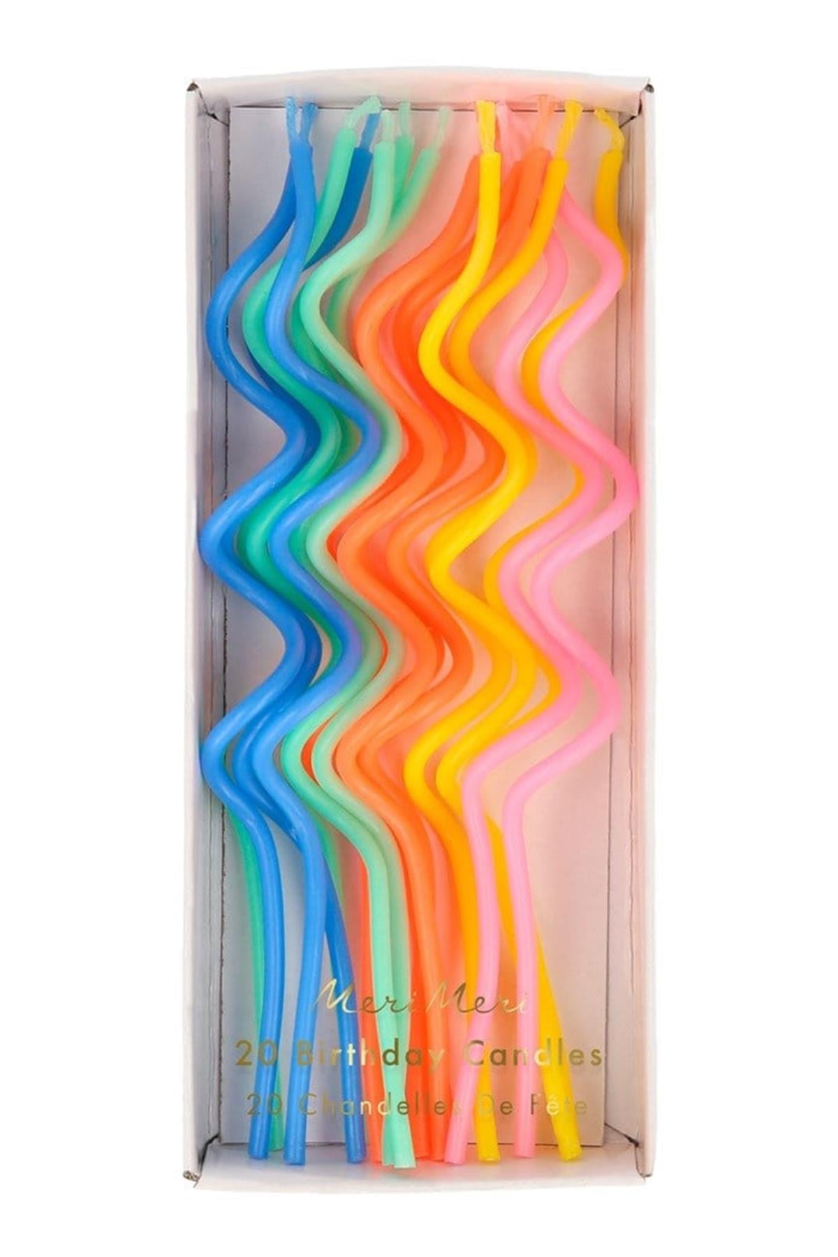 Meri Meri - Mixed Swirly Candles - Renkli Kıvrımlı Mumlar - 20li Çok Renkli