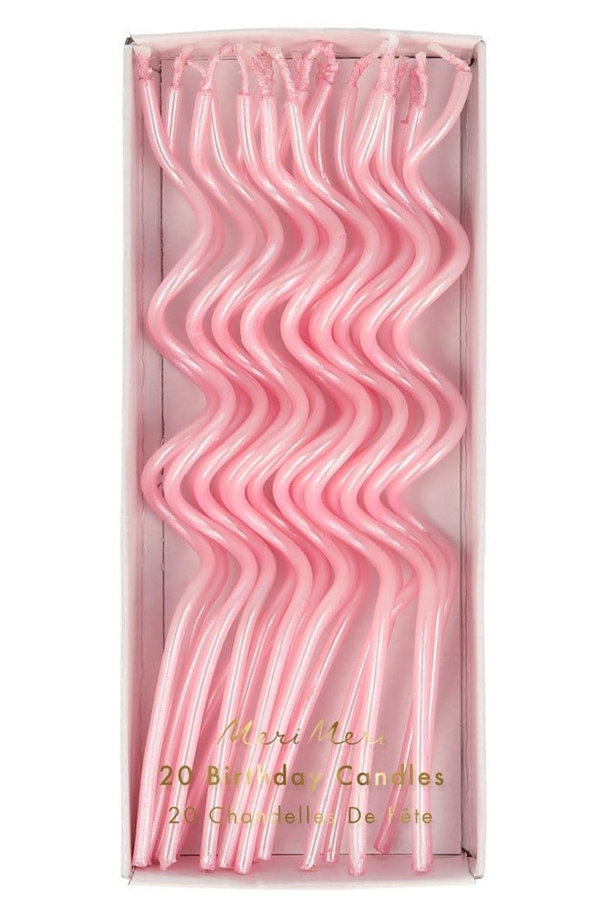 Meri Meri - Pink Swirly Candles - Pembe Kıvrımlı Mumlar - 20'li Çok Renkli