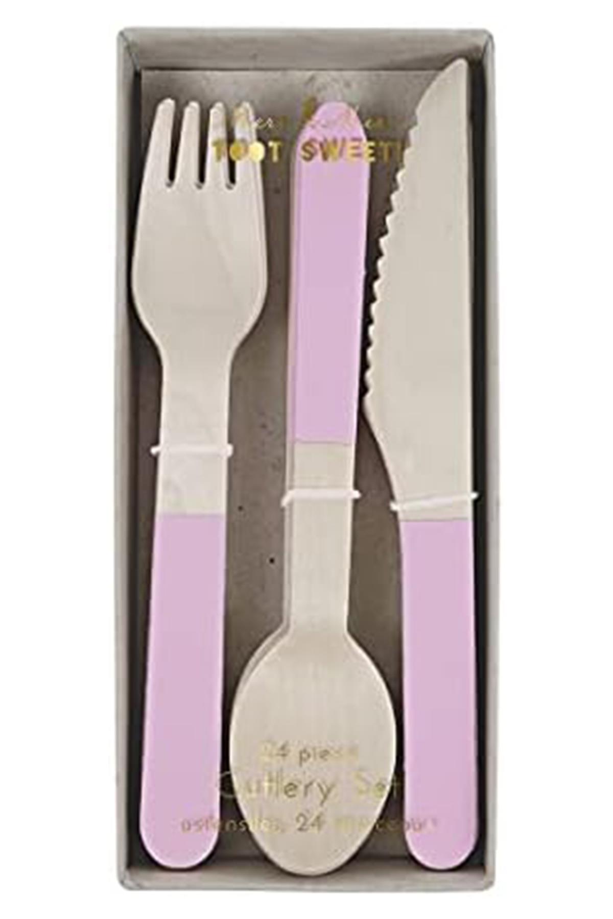 Meri Meri - Pink Wooden Cutlery Set - Pembe Tahta Çatal-Kaşık-Bıçak Set Çok Renkli