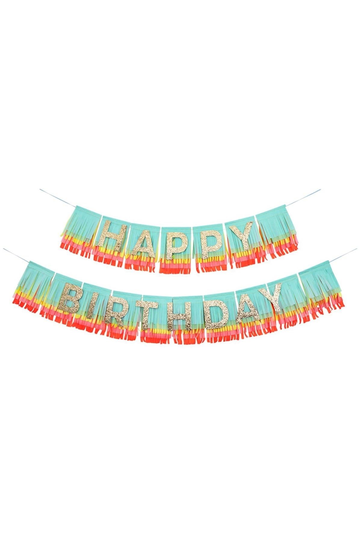 Meri Meri - Rainbow Happy Birthday Fringe Garland - Happy Birthday Gökkuşağı Püsküllü Asılan Süs Çok Renkli