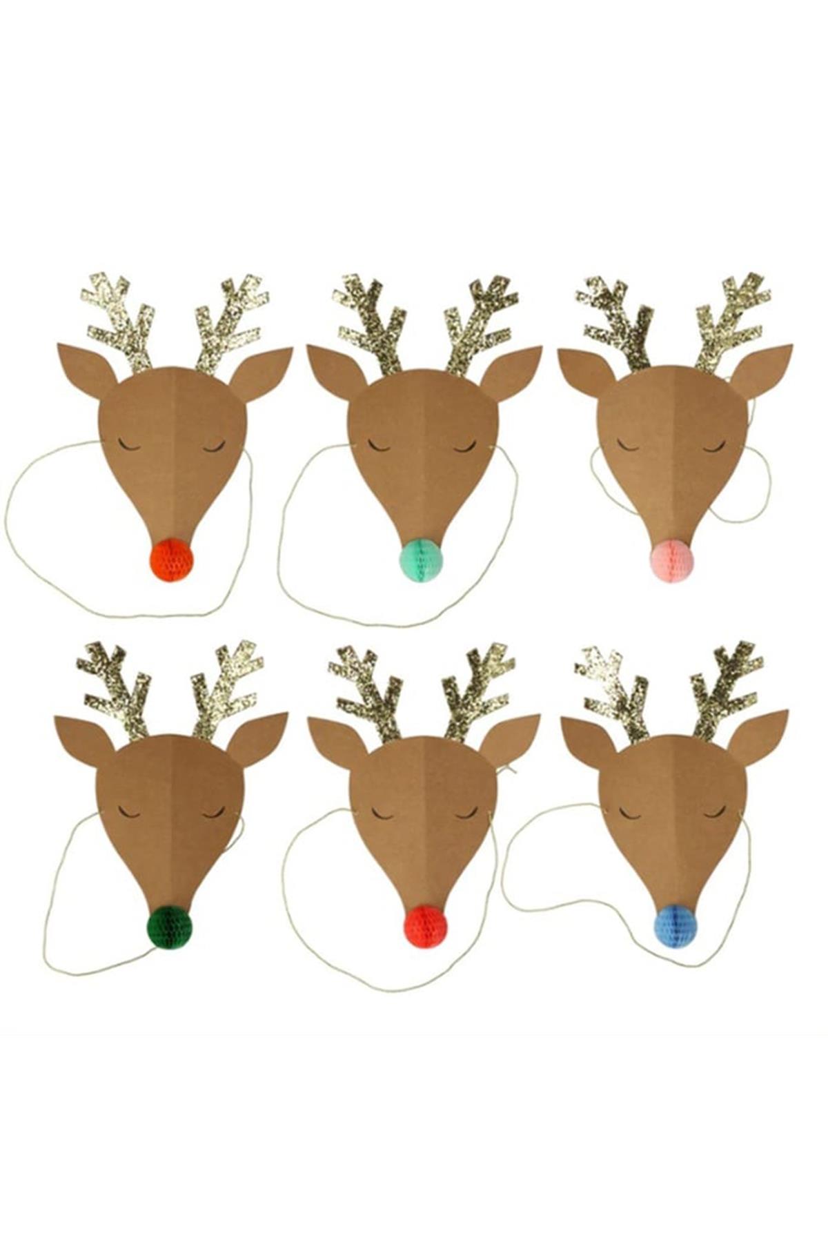 Meri Meri - Reindeer Party Hats - Ren Geyikleri Parti Şapkaları - 6lı Çok Renkli
