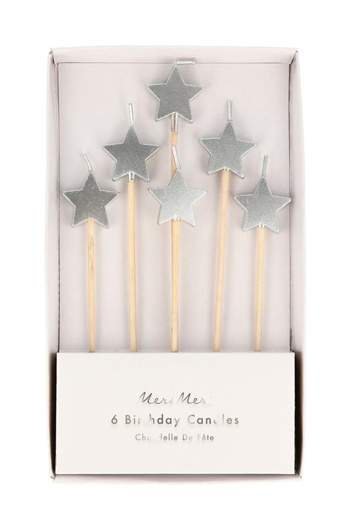 Meri Meri - Silver Star Candles - Gümüş Yıldız Mumlar - 6'lı Çok Renkli
