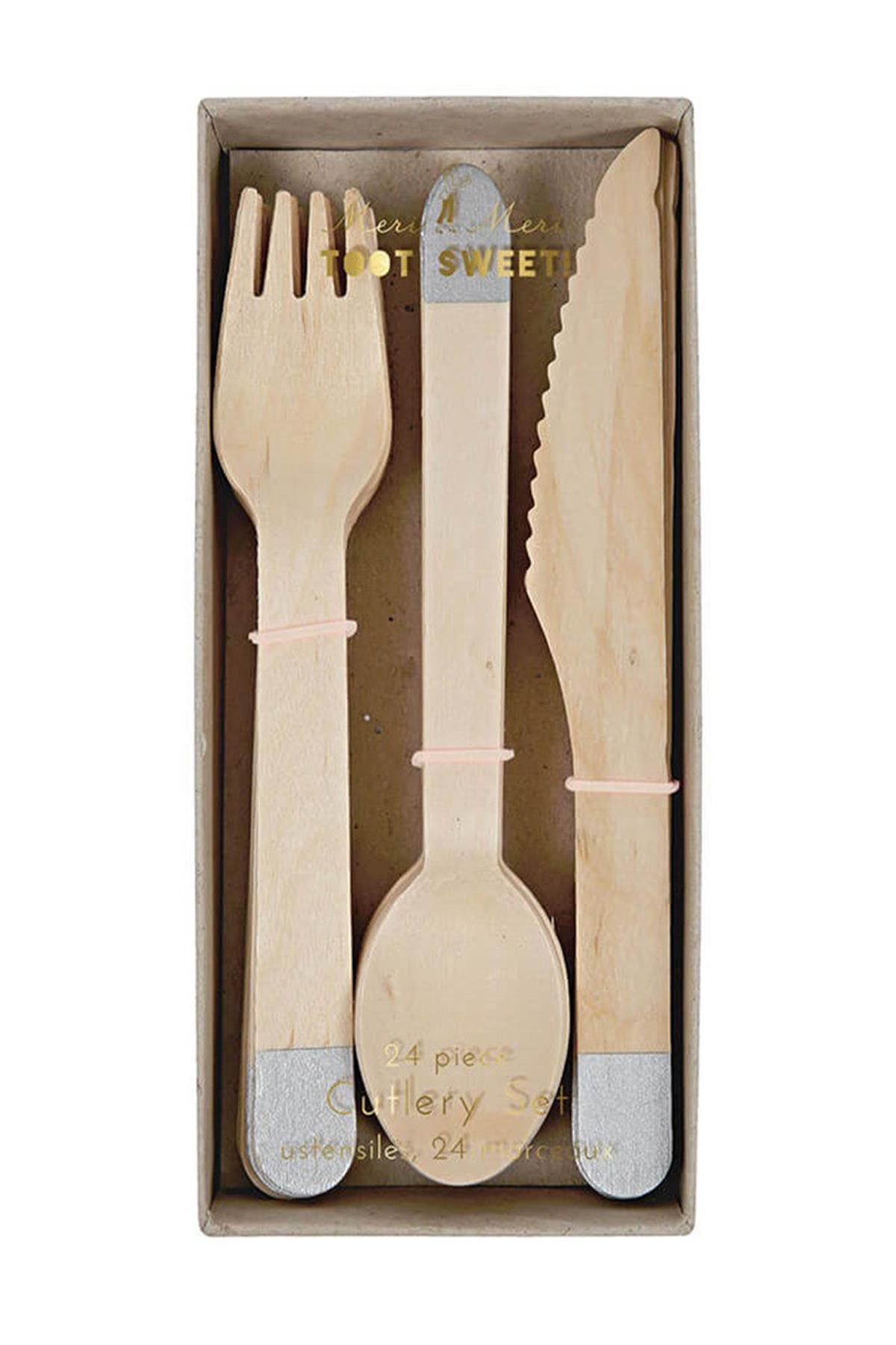 Meri Meri - Silver Wooden Cutlery Set - Gümüş Tahta Çatal-Kaşık-Bıçak Set Çok Renkli