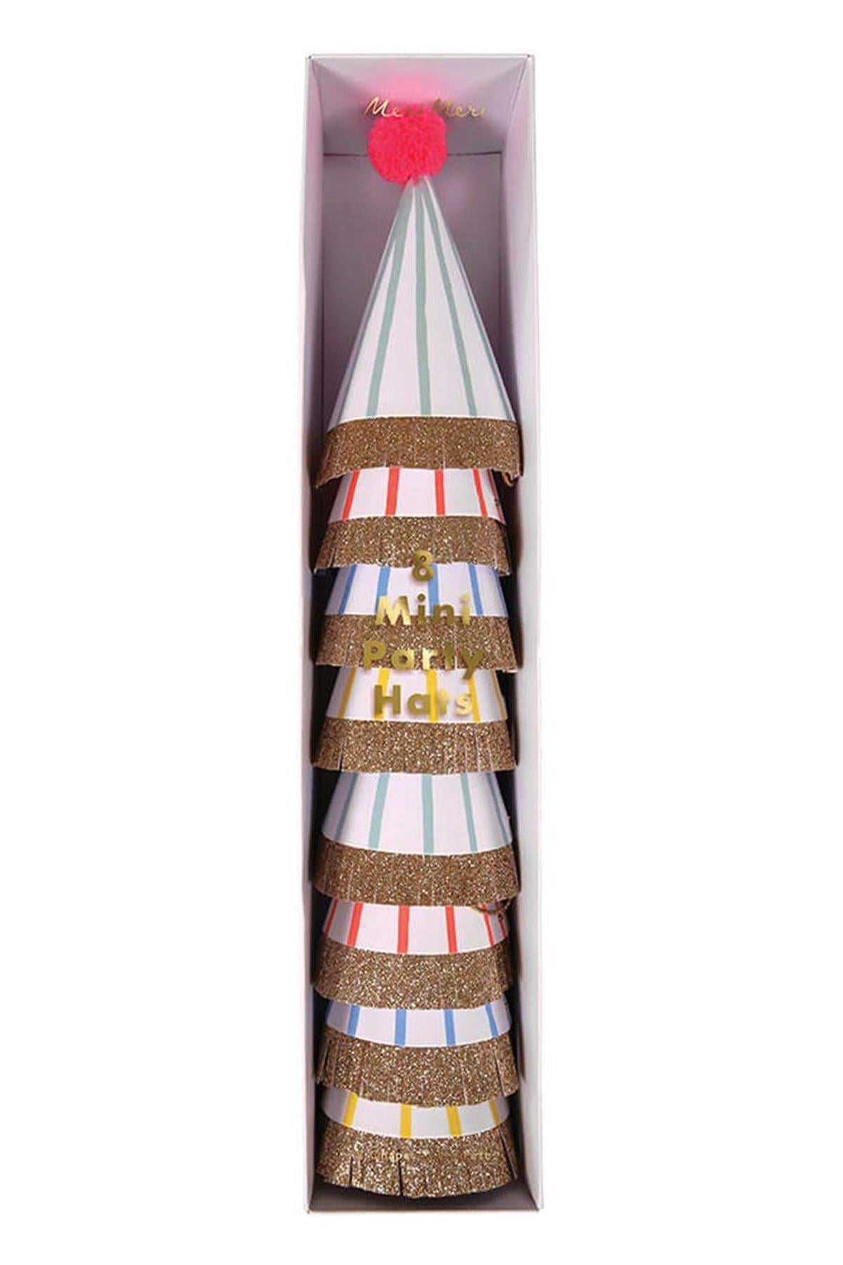 Meri Meri - Stripe & Pompom Mini Party Hats - Çizgili & Ponponlu Mini Parti Şapkaları Çok Renkli