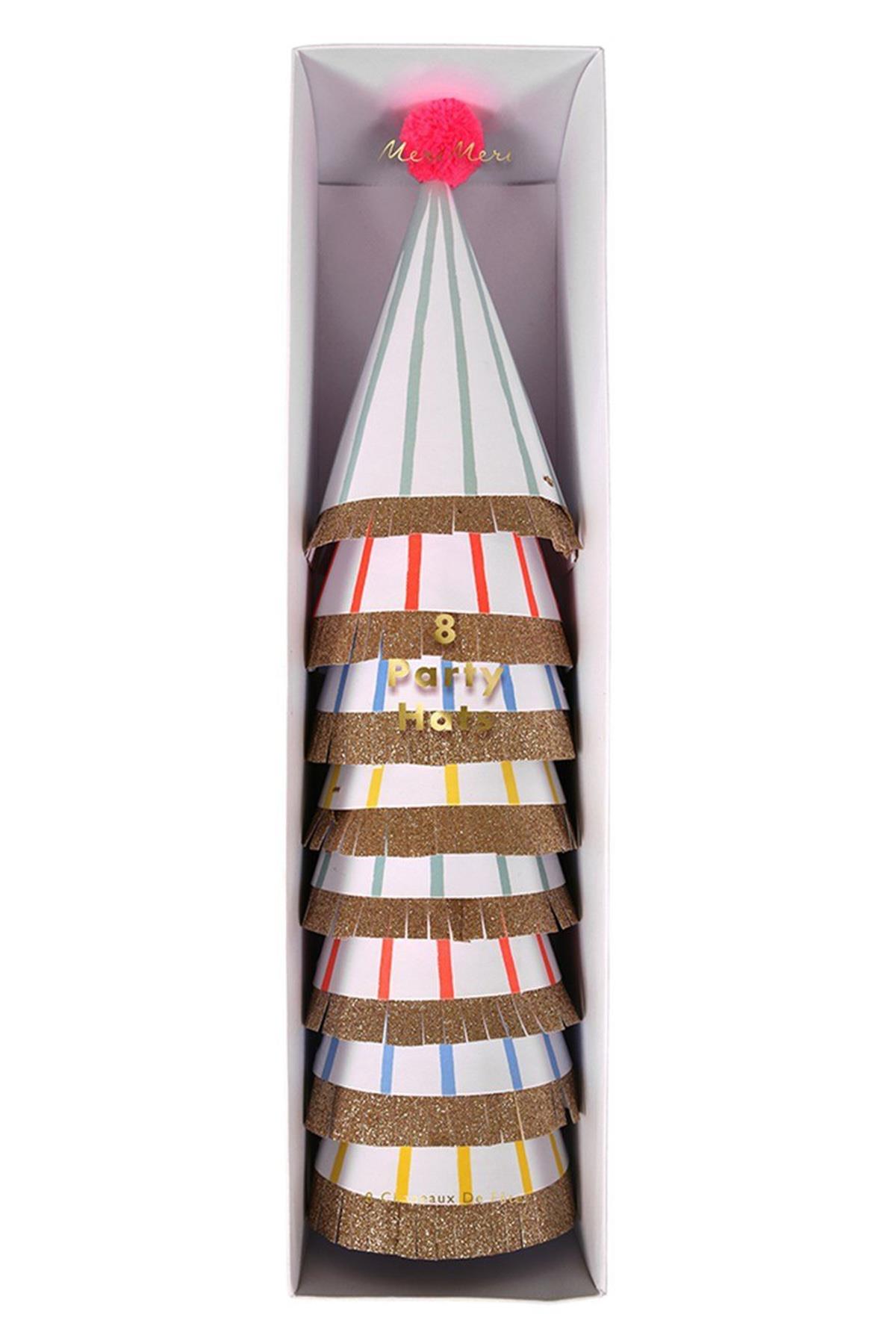 Meri Meri - Stripe & Pompom Party Hats - Çizgili & Ponponlu Parti Şapkaları - L Çok Renkli