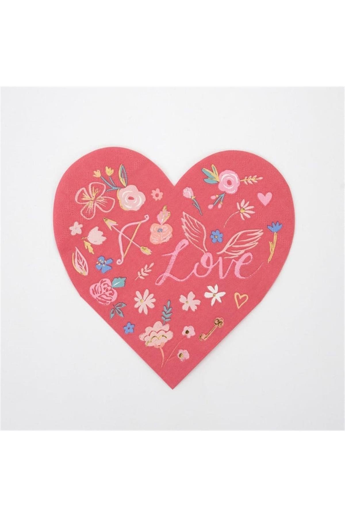 Meri Meri - Valentines Heart Die Cut Napkins - Desenli Kalp Peçeteler - 16lı Çok Renkli