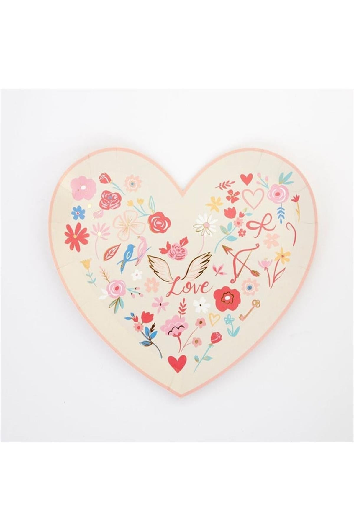 Meri Meri - Valentines Heart Die Cut Plates - Desenli Kalp Tabak - 8li Çok Renkli
