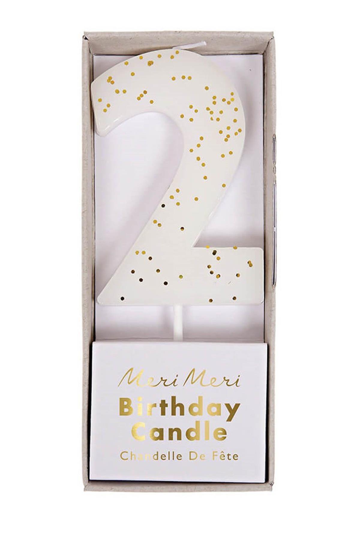 Meri Meri - White Number 2 Candle - 2 Numara Beyaz Mum Çok Renkli