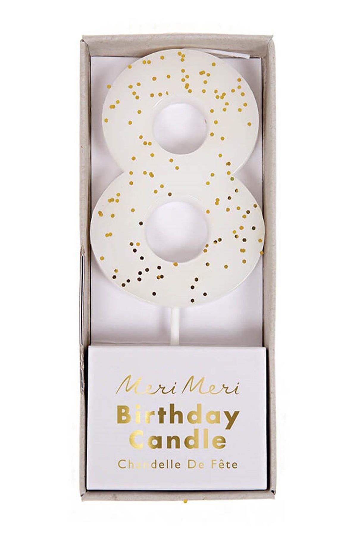 Meri Meri - White Number 8 Candle - 8 Numara Beyaz Mum Çok Renkli