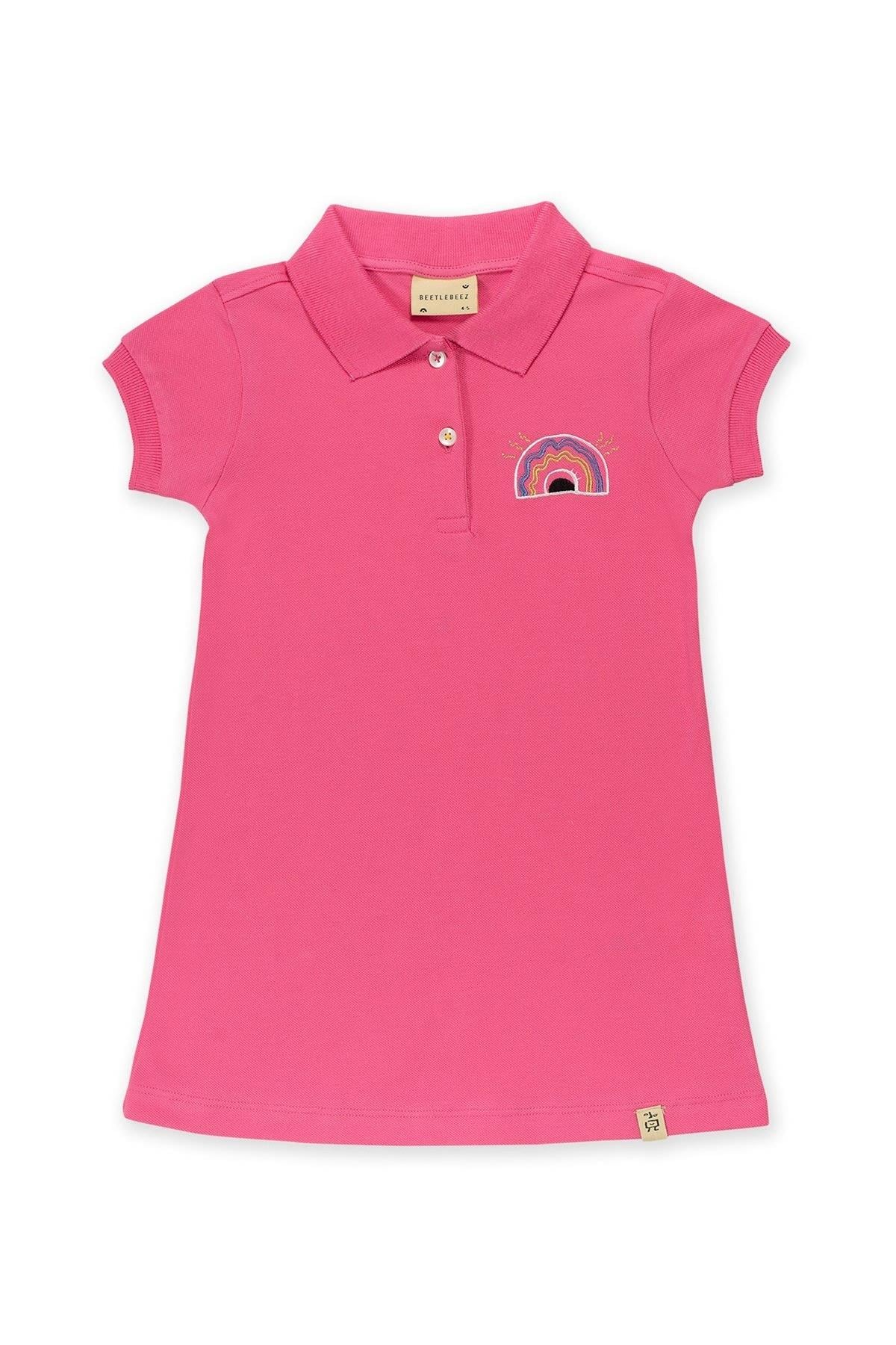 Pink Rainbow Kısa Kollu Çocuk Polo Yaka Elbise Pembe