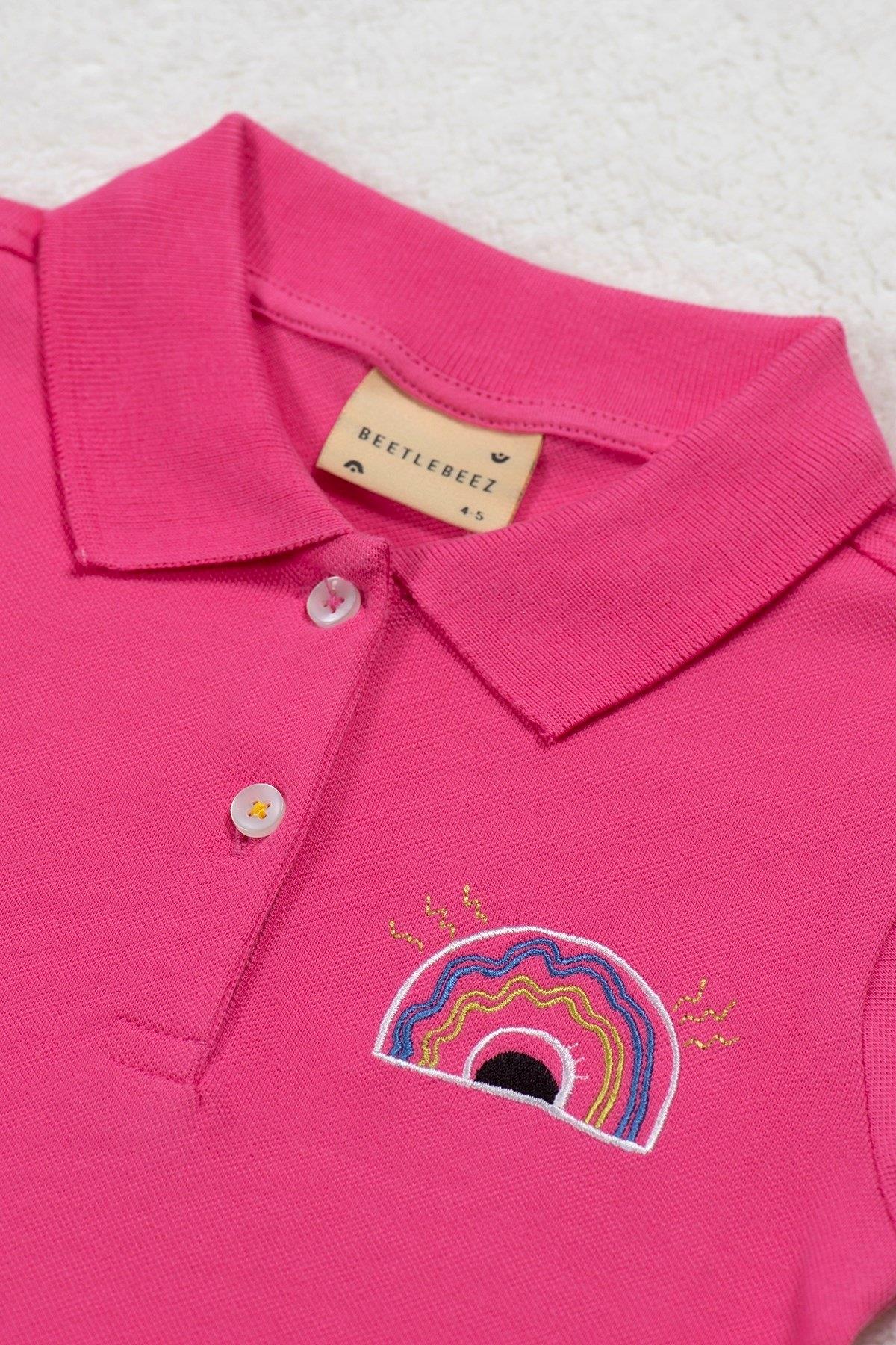 Pink Rainbow Kısa Kollu Çocuk Polo Yaka Elbise Pembe