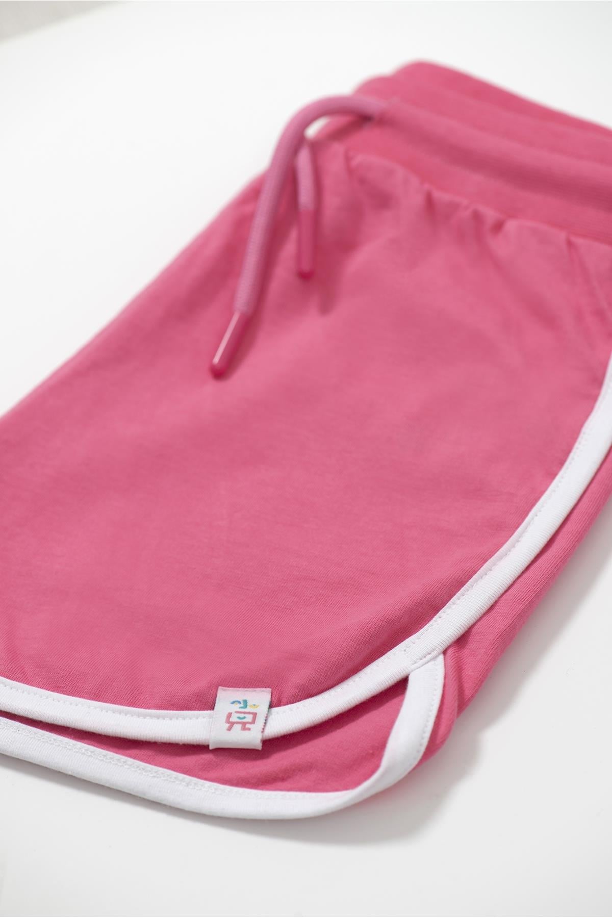 Beetlebeez / Retro White Striped Short - Retro Model Beyaz Biyeli Çocuk Kısa Şort - (Pembe Kordonlu) Pembe