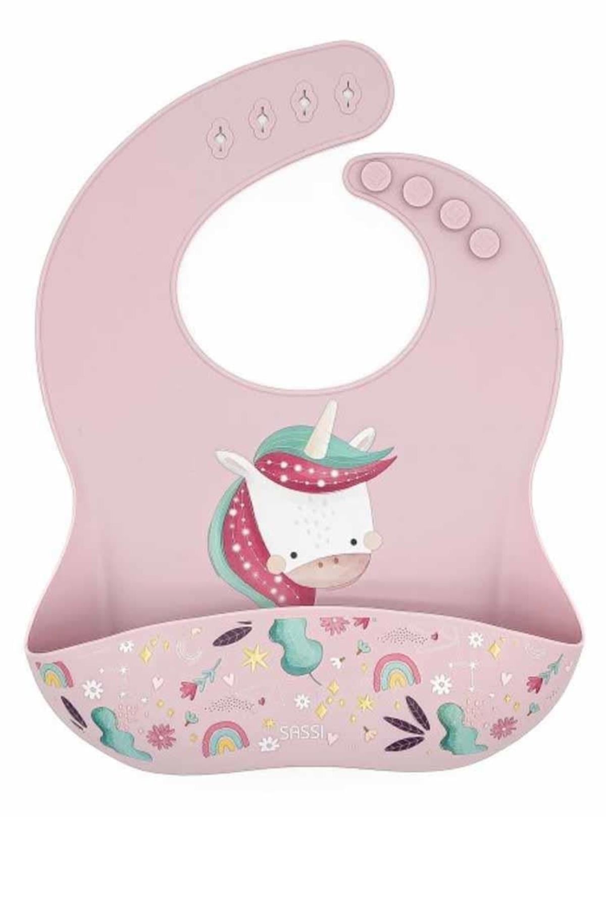 Sassi / Silikon Cepli Mama Önlüğü - Sevimli Unicorn Çok Renkli