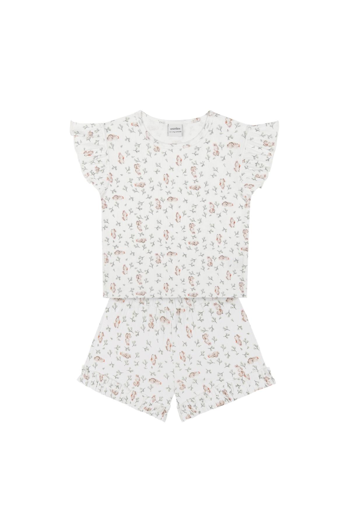 Sevimli Tavşan Fırfırlı Şortlu Pijama Takımı Beyaz