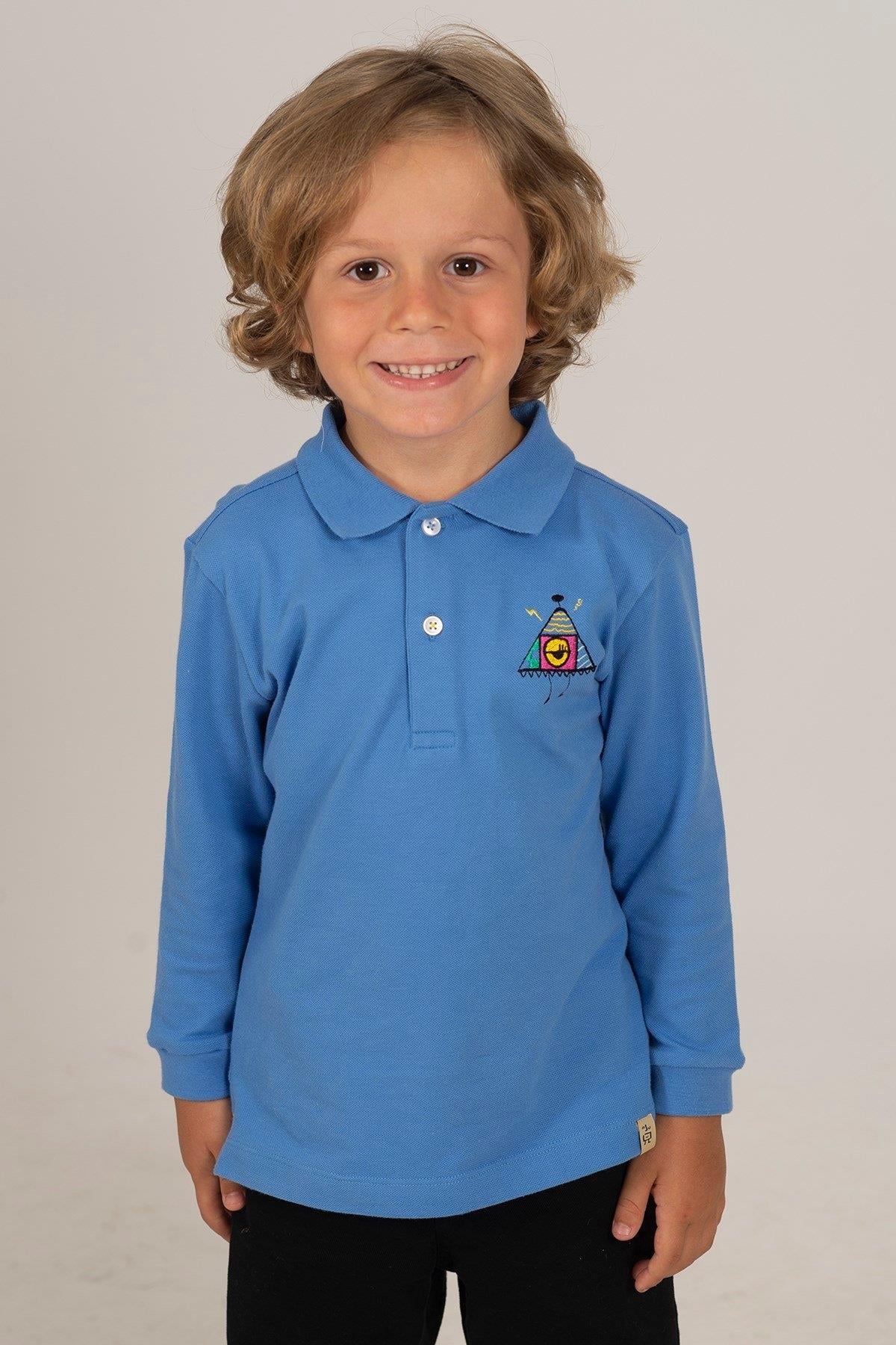 Beetlebeez / Striped Monster Uzun Kollu Çocuk Polo Yaka T-shirt Mavi