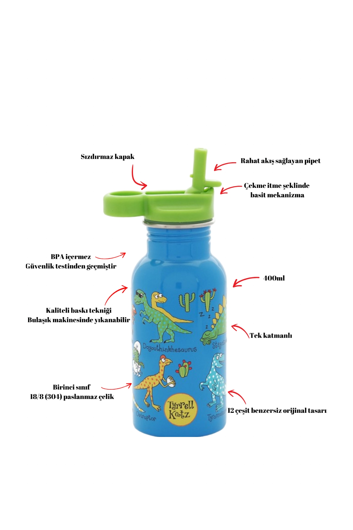 TYRRELL KATZ DINO PİPETLİ ÇELİK MATARA 400ML Çok Renkli