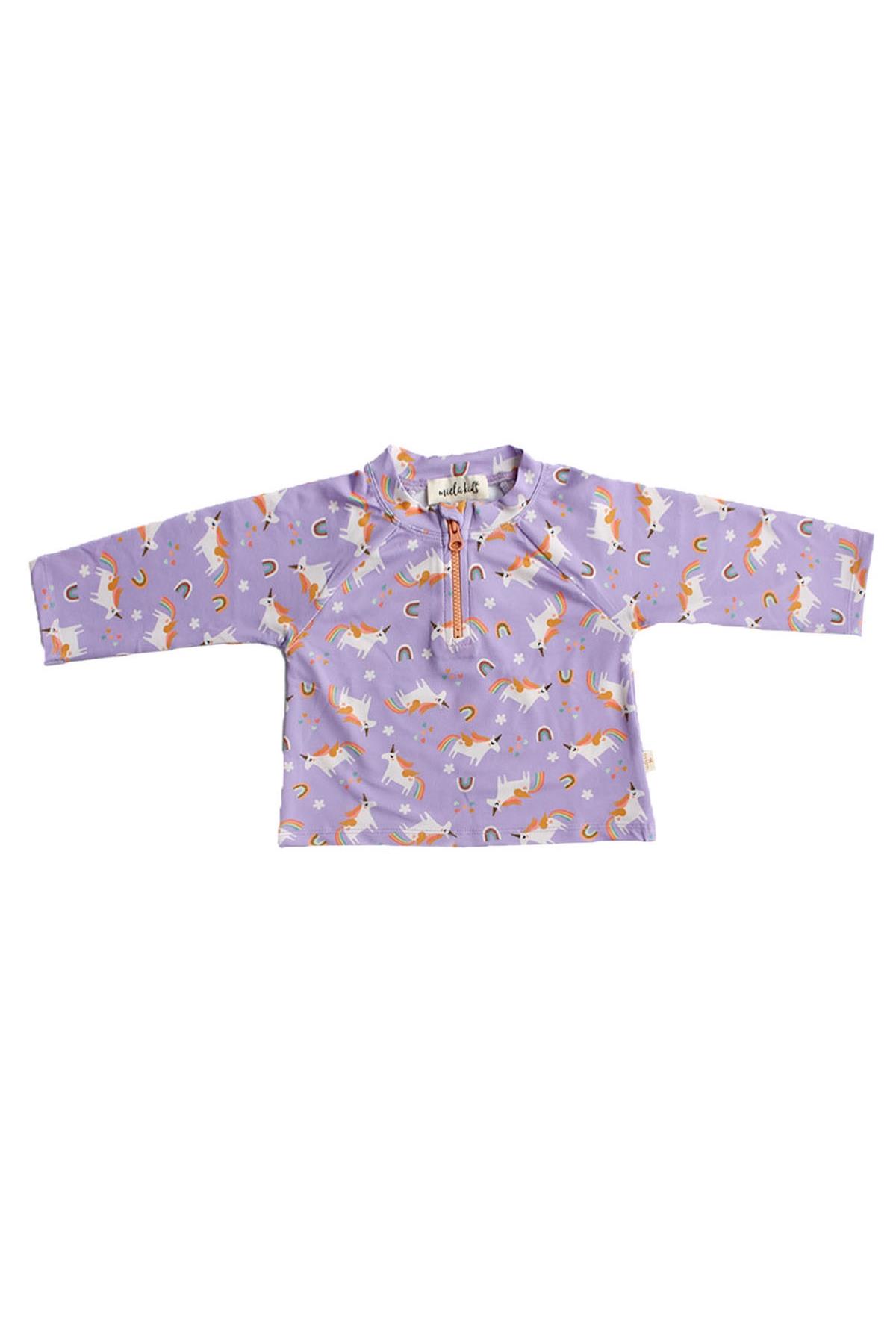 UV Korumalı Uzun Kollu Mayo Set - Rainbow Unicorn Lilac Çok Renkli