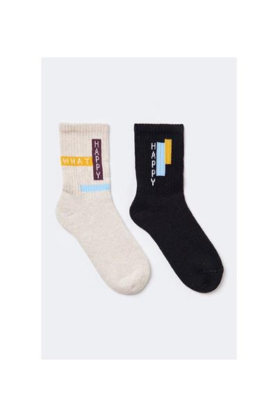 2li Paket Motto Erkek Çocuk Havlu Soket Çorap SiyahBej