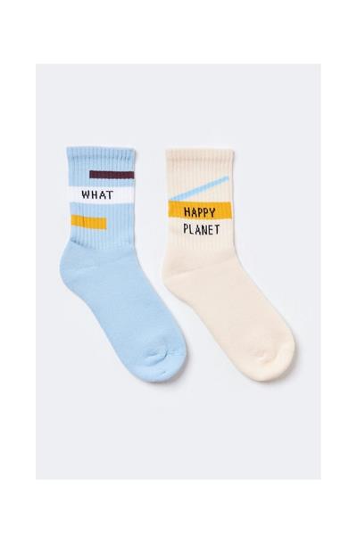 2li Paket Motto Erkek Çocuk Havlu Soket Çorap MaviEkru