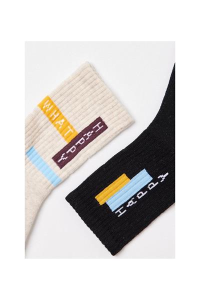 2li Paket Motto Erkek Çocuk Havlu Soket Çorap SiyahBej