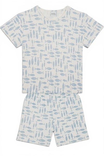 Antebies / Balık Kısa Kollu Tshirt Şort Pijama Takımı Mavi