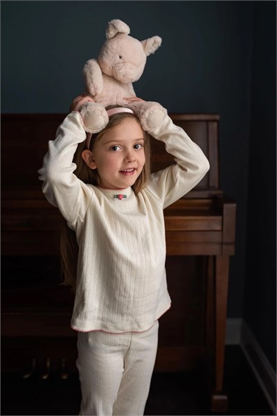 Antebies / Güllü Jakar Uzun Kollu Taytlı Pijama Takımı Krem