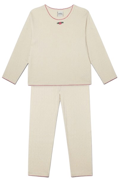 Antebies / Güllü Jakar Uzun Kollu Taytlı Pijama Takımı Krem