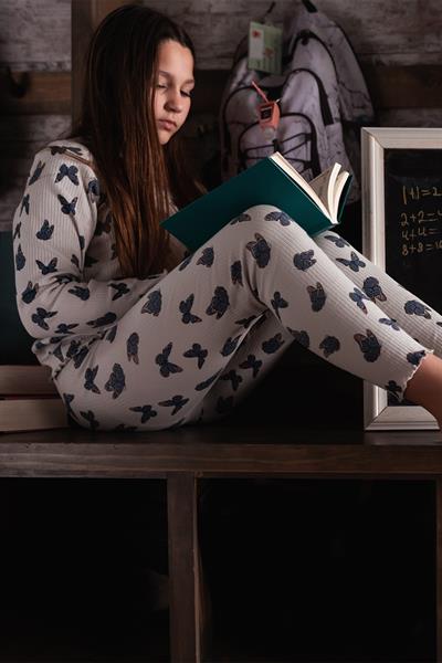 Antebies / Kelebek Desen Uzun Kollu Taytlı Pijama Takımı Mavi