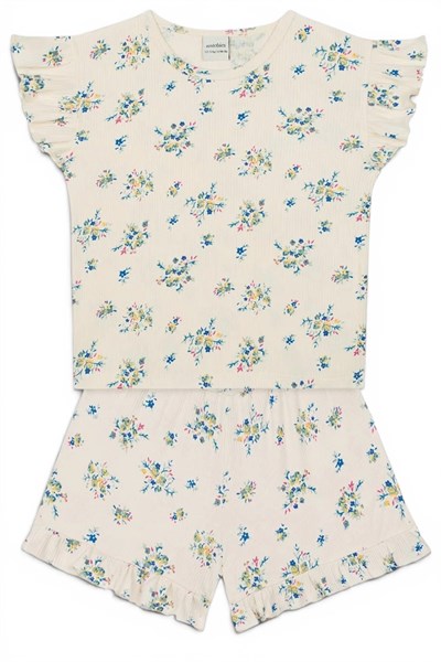 Antebies / Minik Çiçekler Kısa Kollu Tshirt Şort Pijama Takım Bej