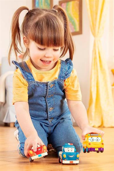 B.Toys 3lü Mini Çek-Bırak Araba Seti - Okul Otobüsü/Yarış Arabası/Polis Çok Renkli